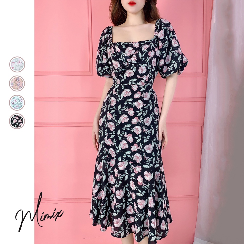 Đầm hoa xòe MIMIX tay lỡ phồng phối nơ ngực dạo phố AP6185