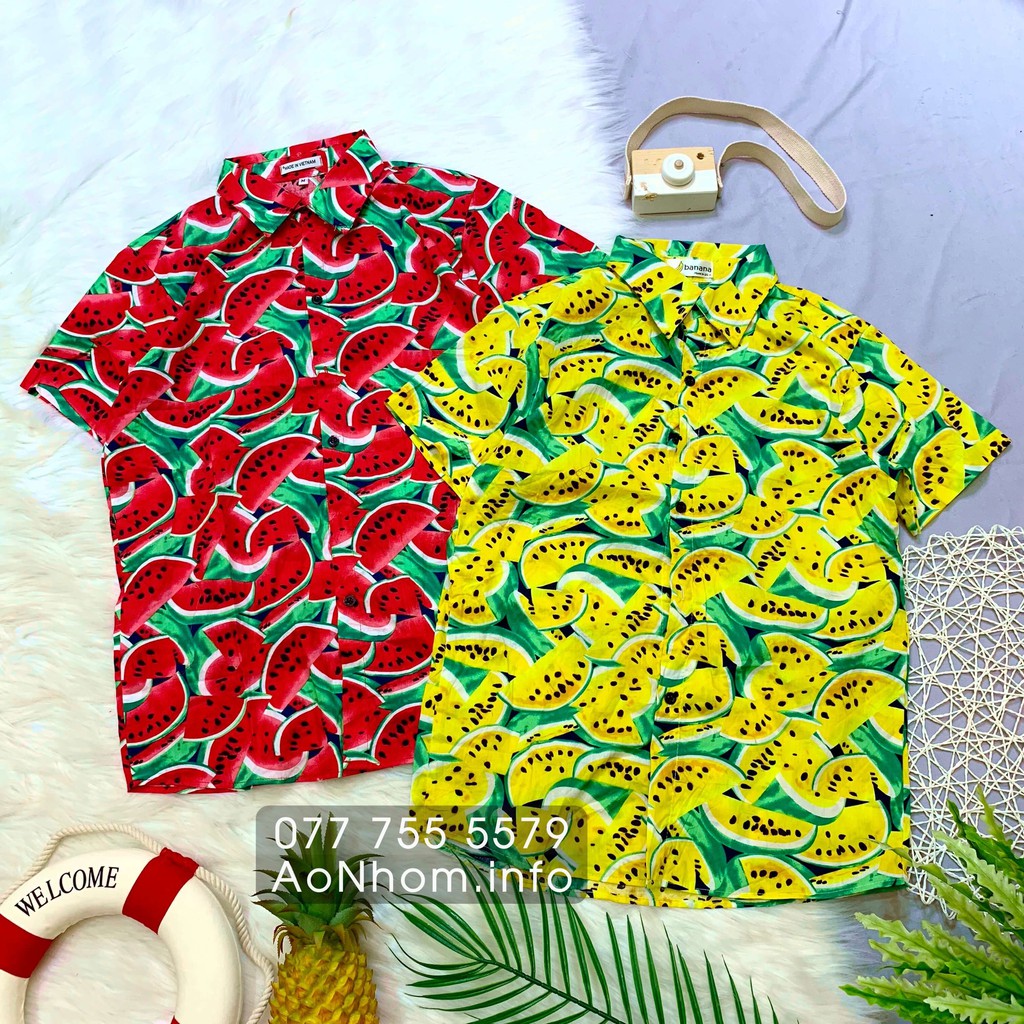 Áo sơ mi trái cây, Sơ mi Hawaii đi biển - Dưa hấu miếng - Có đủ size Em Bé, S, M, L, XL, XXL, XXXL - #AB003