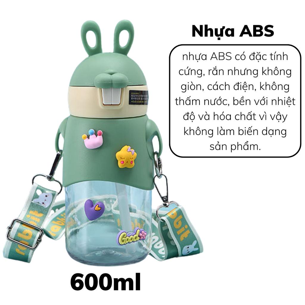 Bình uống nước cho bé hình thỏ dễ thương 600ml, bình hút nước cho bé chất liệu nhựa ABS có ống hút _ GICMAN