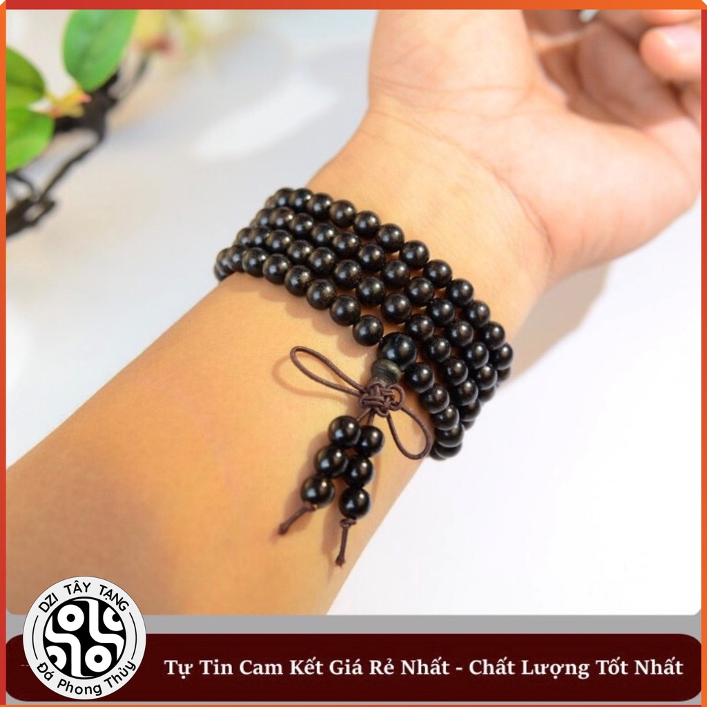 Chuỗi Đeo Tay Vòng Phong Thuỷ 108 Hạt, Gỗ Mân Đuôi Công Gỗ Cánh Gà Tự Nhiên Size 6, Size 8Mm - Dzi Tây Tạng