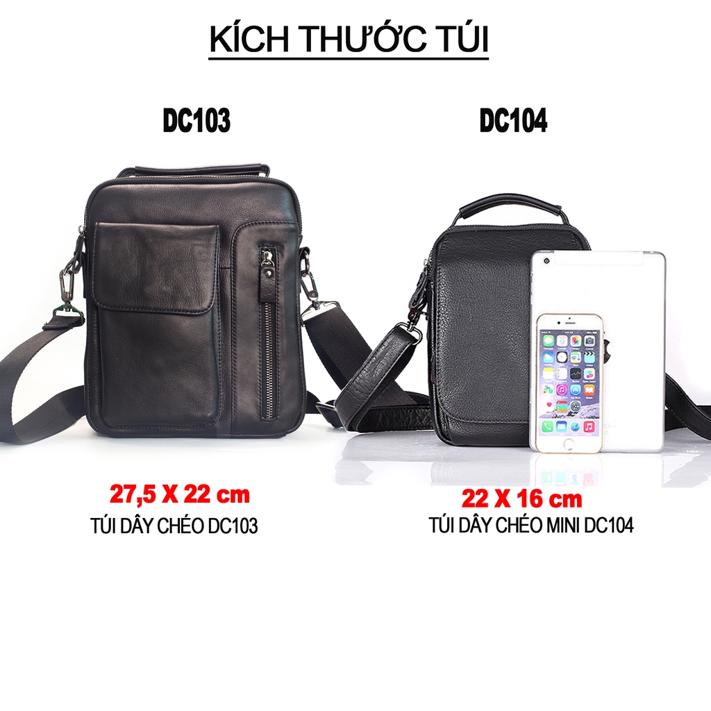 Túi nam đeo chéo Bụi leather - DC103, màu đen, nhiều ngăn đựng vừa sách vở, các giầy tờ dụng cụ cá nhân -BH 12 tháng