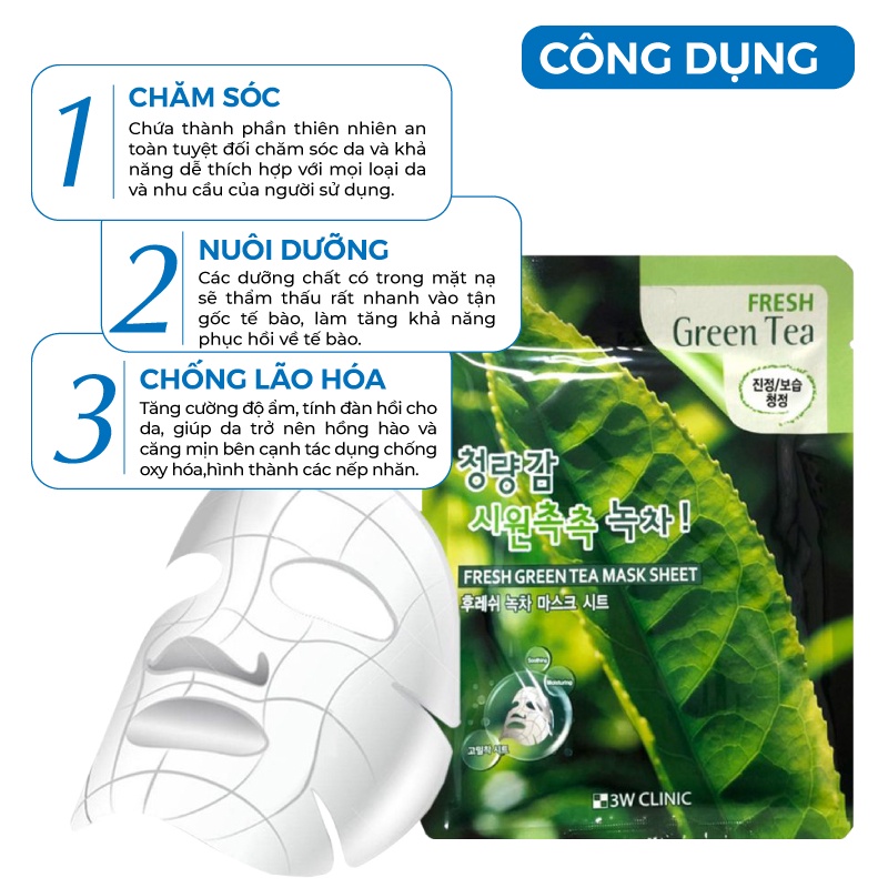 Combo 10 Túi Mặt nạ trà xanh - Mặt nạ giấy dưỡng da chiết xuất Trà Xanh 3W Clinic Hàn Quốc  [Hàng Nhập Khẩu]