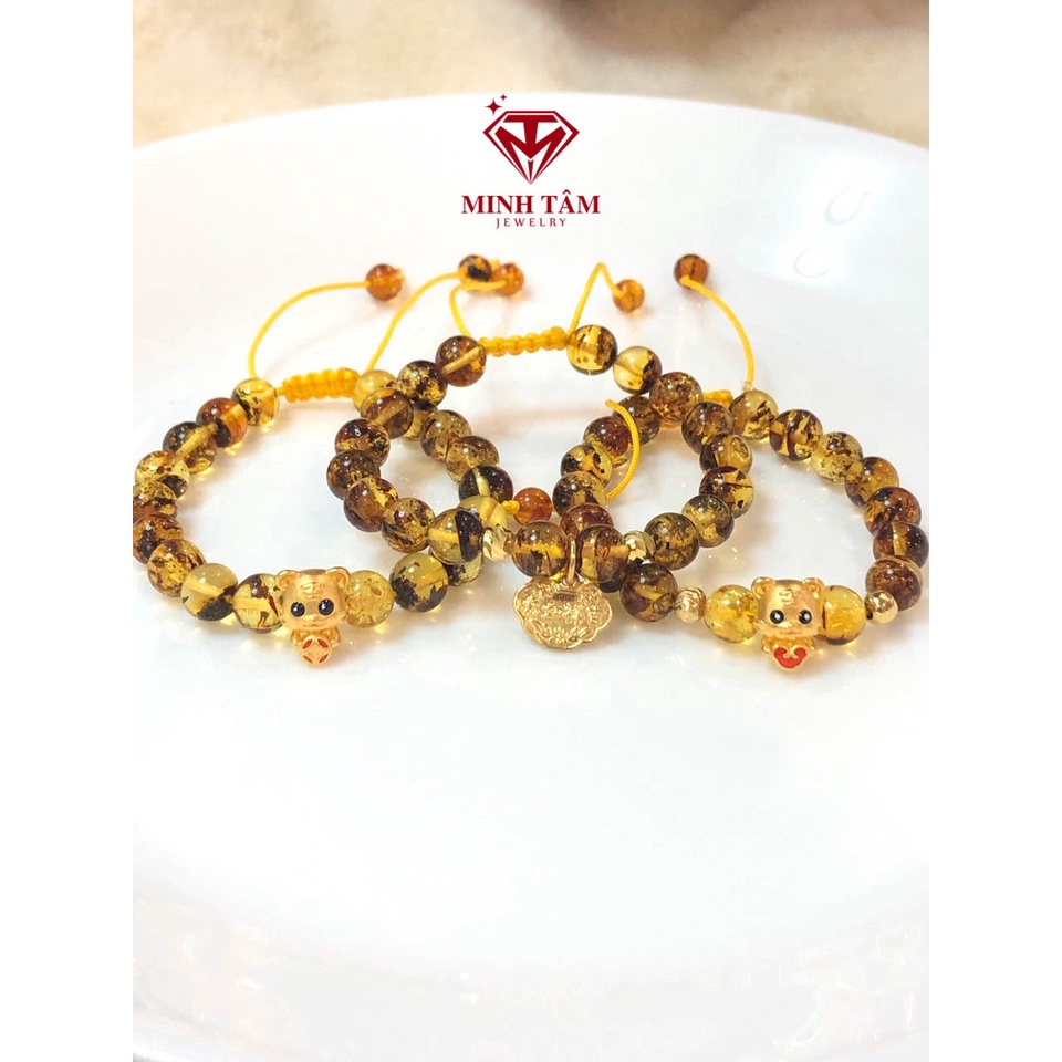 Vòng hổ #phách cho bé mix khóa trường mệnh v.àng 10k và bi v.àng 10k-Minh Tâm Jewelry