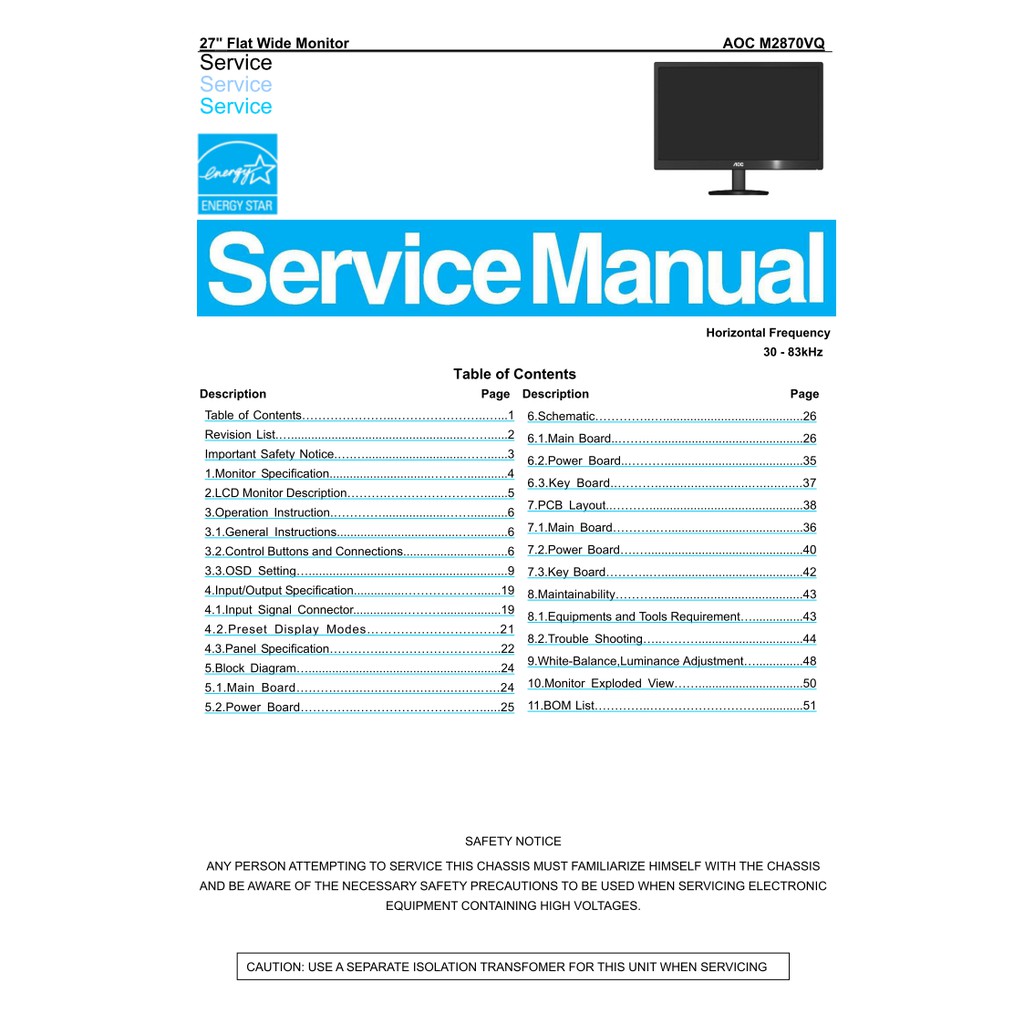 Hướng dẫn sửa chữa và sơ đồ màn AOC M2870VQ