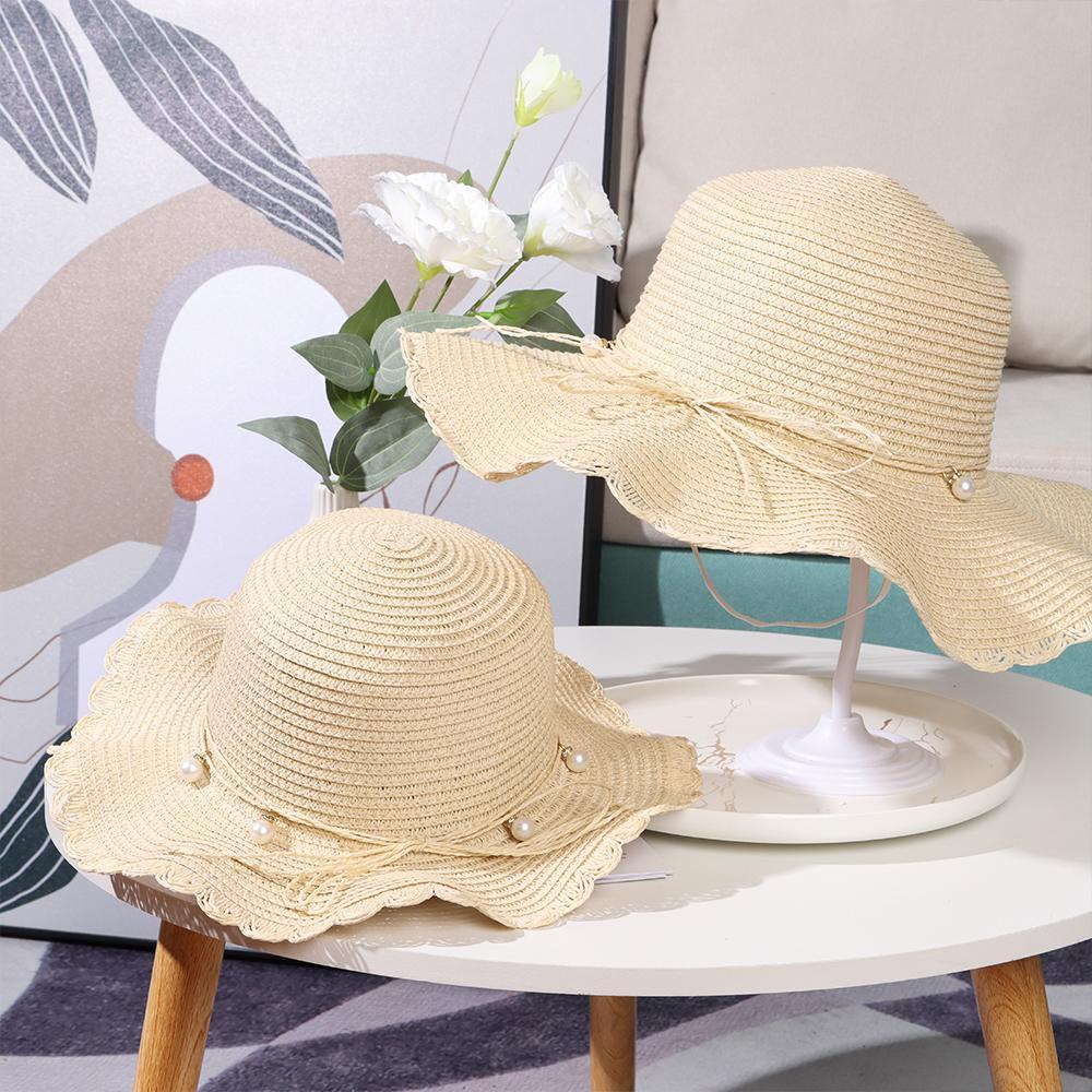 Luol Nón Cối Đi Biển Màu Trơn Gợn Sóng Cho Mẹ Và Bé Gái