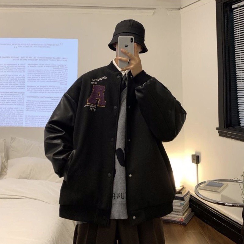 Áo Khoác Bomber Thêu Chữ A Tay Da 2 Lớp Mềm Mại Form Unisex Nam Nữ (Có ảnh thật)