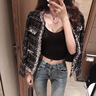 Áo khoác dạ nữ tweed áo khoác ngắn kẻ A21