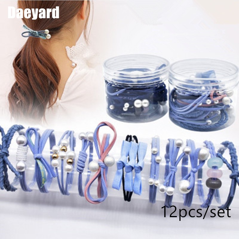 Dây Cột Tóc Co Giãn Đính Ngọc Trai Màu Hồng / Xanh Dương / Đen Thời Trang Hàn Quốc Cho Nữ