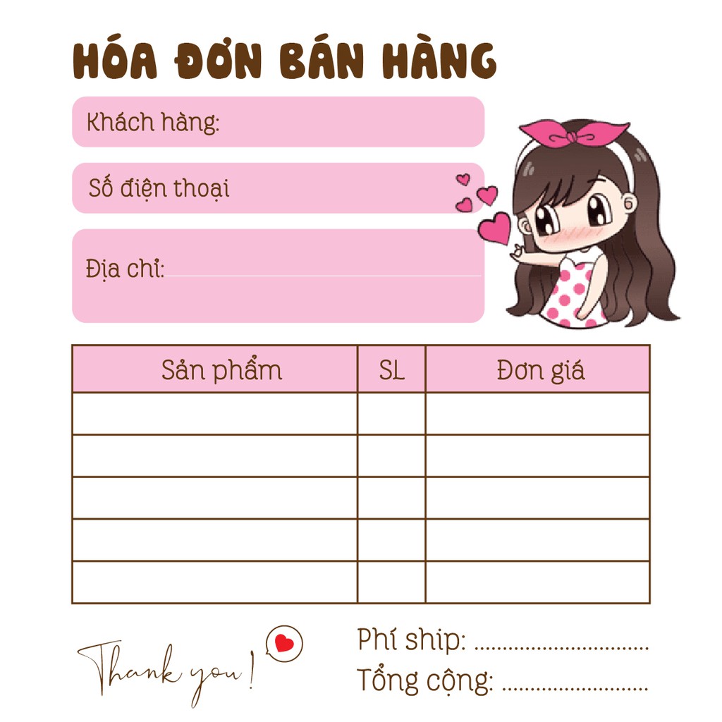 Hoá đơn bán hàng mini 1 liên dễ thương mẫu cô gái - G