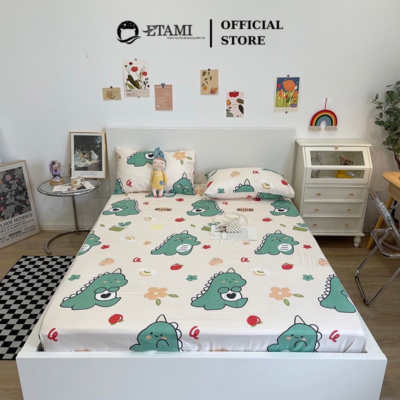 Bộ ga gối ETAMI drap giường cotton poly 5D khủng long, ga trải giường + 2 vỏ gối nằm màu khủng long
