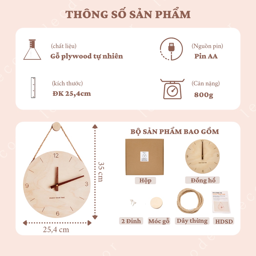 Đồng hồ treo tường bằng gỗ kim trôi yên tĩnh phong cách tối giản, đồng hồ treo tường trang trí phòng khách đẹp