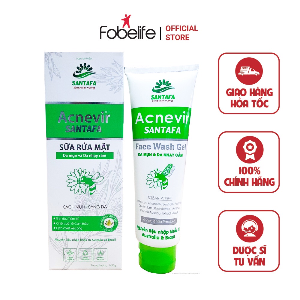 Sữa Rửa Mặt Giúp Làm Sạch Sâu, Ngăn Ngừa Mụn Acnevir Santafa Tuýp 50gr/ 100gr