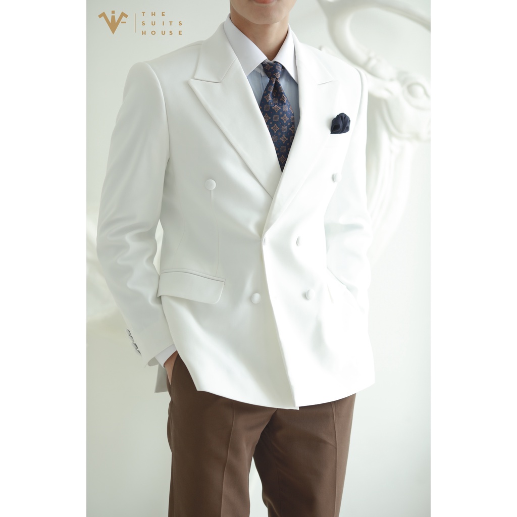 Bộ vest nam trắng phối nâu đậm, 2 túi 6 khuy, suits sartorial chất cashmere The Suits House