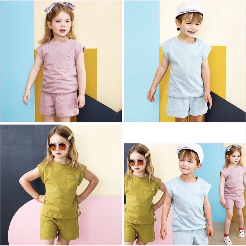Bộ cotton xước có túi Petite Mieux xuất Hàn dư xịn cho bé trai/bé gái