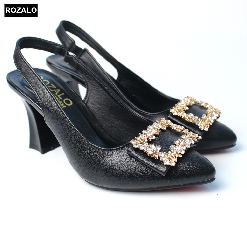 Sandal bít mũi cao gót 7P da mờ họa tiết đính đá Rozalo R8612
