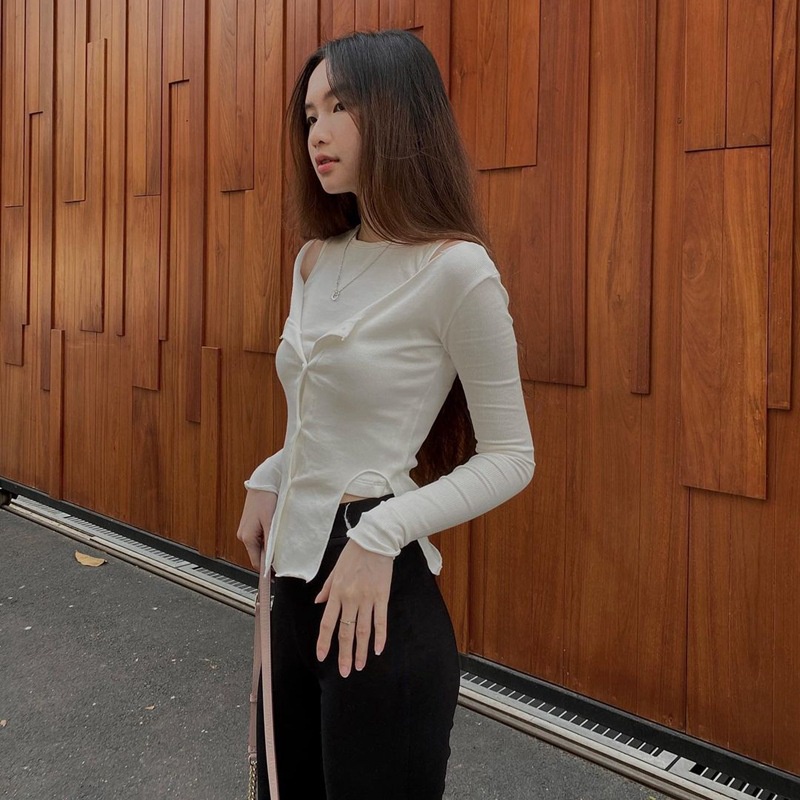 Áo Thun Tay Dài Màu Trơn Thiết Kế Xẻ Tà Kèm 2 Áo Tank Top