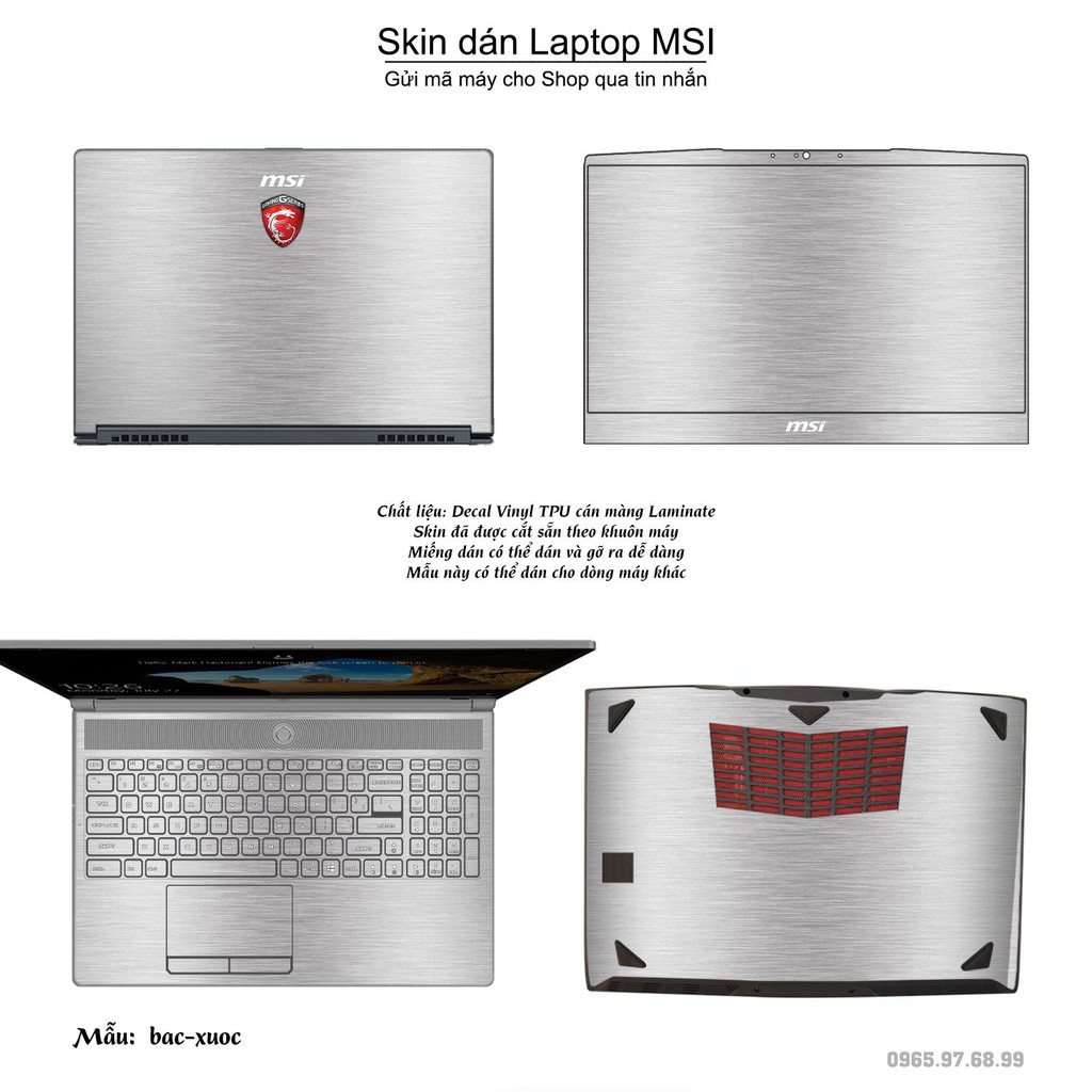 Skin dán Laptop MSI in màu bạc xước (inbox mã máy cho Shop)