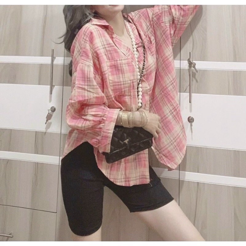 Áo sơmi đũi kẻ hồng tay phồng from rộng thoải mát dễ phối đồ alohashop91