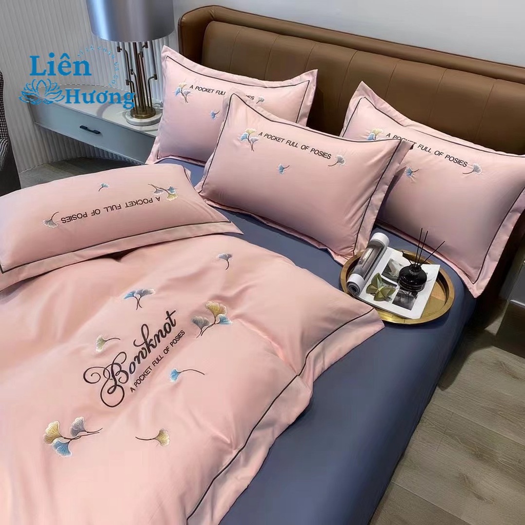 Bộ Chăn Ga Gối 4 Món Chất Liệu Cotton Nilen Bonknot Thêu Họa Tiết Nhập Khẩu Cao Cấp