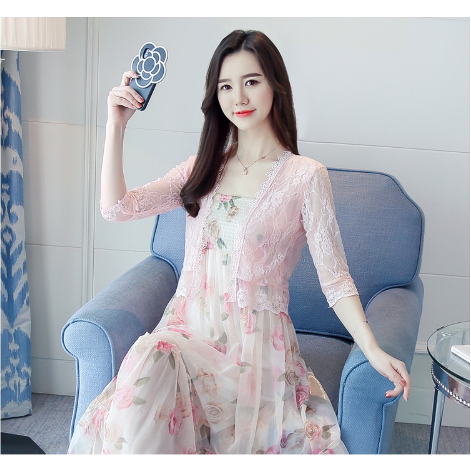 Áo khoác ren co giãn nhẹ tay lửng (có lớp lót trong cùng màu)