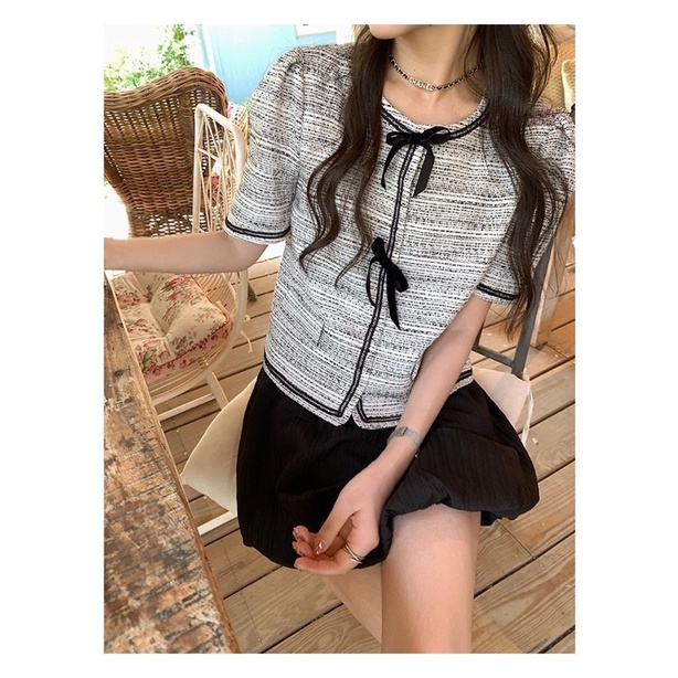 Sét Áo Dạ Xám Tiêu 2 Nơ Mix Chân Váy Phồng