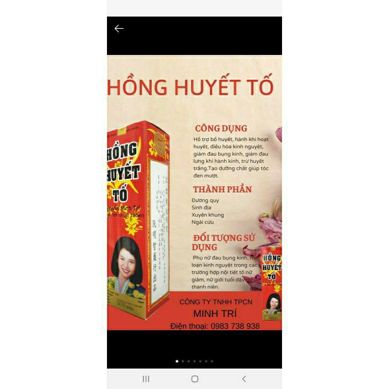 Hồng Huyết Tố_ điều hoà kinh nguyệt, giảm đau bụng kinh. chsi 250ml