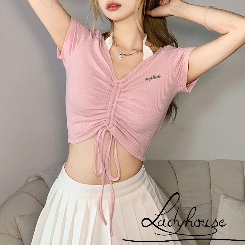 Áo Thun Crop Top Cổ Chữ V Tay Ngắn Dây Rút In Họa Tiết Chữ Dành Cho Nữ