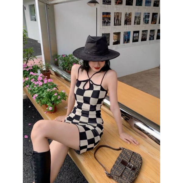 Váy đầm len body 2 dây sexy hoạ tiết caro hàng len QC