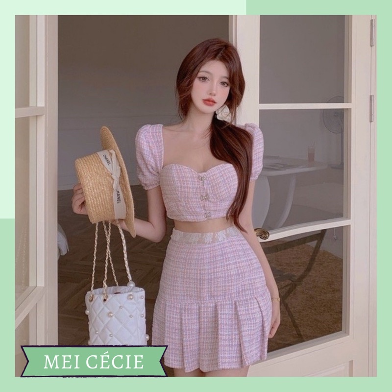 Set áo croptop + chân váy xếp ly dạ tweed