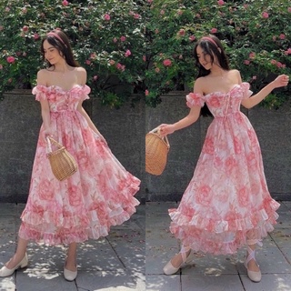 Đầm maxi hoa bẹt vai đan dây ngực