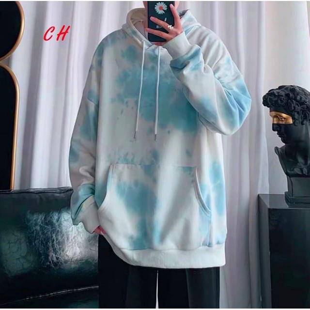 Áo Hoodie Unisex Mùa Đông Chất Nỉ Nam Nữ Giá Rẻ Loang Đám Mây Phong Cách Hàn Quốc Màu Xanh Mặc Đi Học Đi Chơi