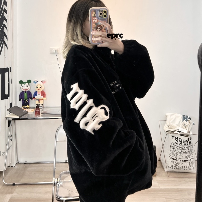 Áo khoác đen lông mịn unisex ulzzang