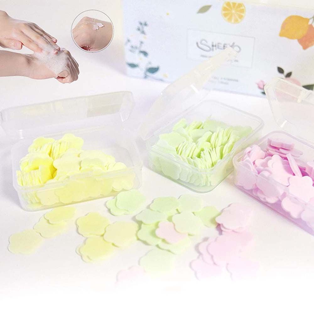 [Hàng mới về] Hộp 100/1000 miếng xà phòng giấy dùng một lần hình cánh hoa nhiều màu sắc an toàn tiện dụng