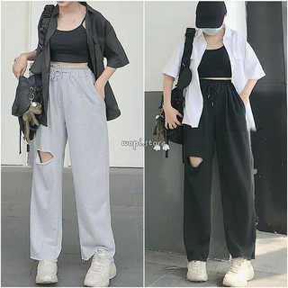 Quần Nỉ Ống Rộng Rách Gối IRU Unisex (Đen/Xám)