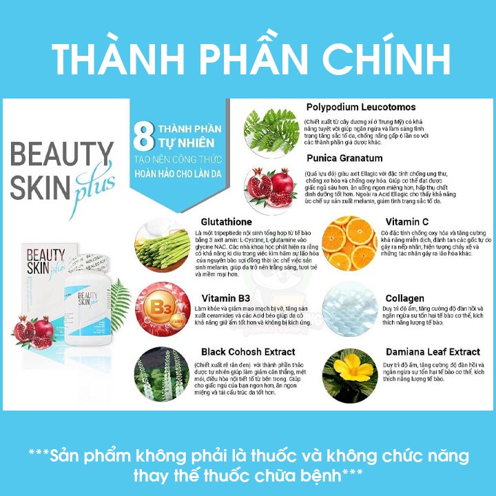 Viên uống trắng da chống nắng Beauty Skin Plus USA bổ sung Glutathione giúp đẹp da giảm nám mờ thâm sạm do nội tiết | BigBuy360 - bigbuy360.vn