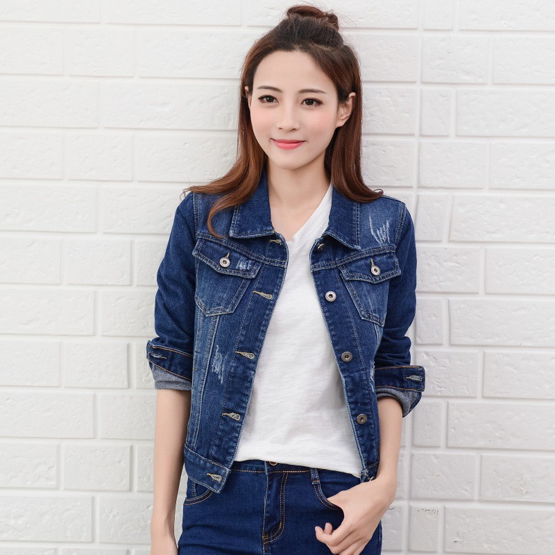 Áo Khoác Denim Lửng Dài Tay Phong Cách Cổ Điển