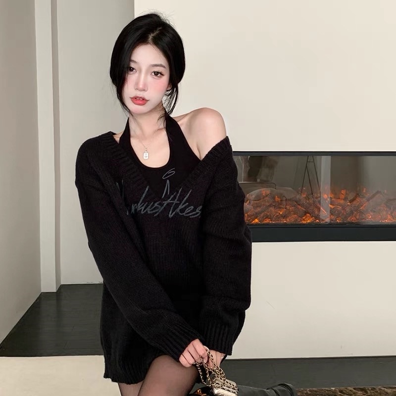 Áo Len Tay Dài Cổ Yếm Quyến Rũ Hợp Thời Trang Cho Nữ