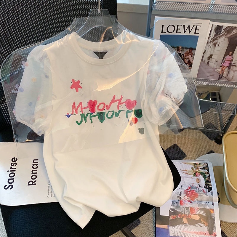 Áo Thun Tay Ngắn Phồng Phối Lưới In Họa Tiết Dễ Thương Thời Trang Cho Nữ