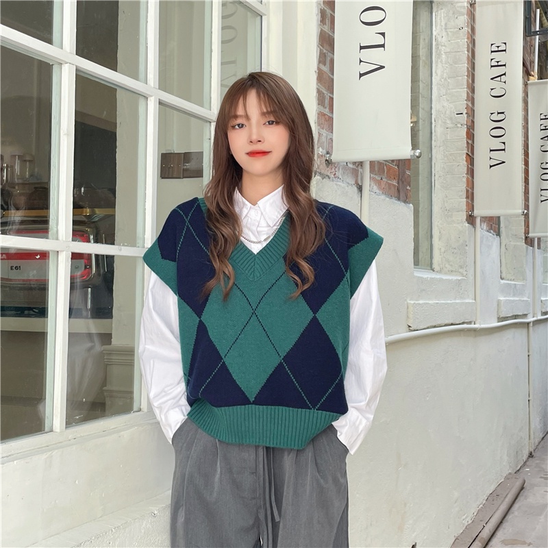 Áo khoác ghi lê dệt kim cổ chữ V dáng rộng đính kim cương cổ điển dễ phối đồ phong cách Hàn Quốc cho nữ | BigBuy360 - bigbuy360.vn