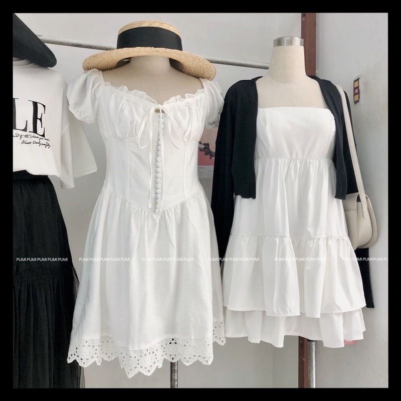 Set 2 món gồm đầm 2s trắng tầng khoá kéo sau có mút ngực+áo cardigan đen freesize Pumi