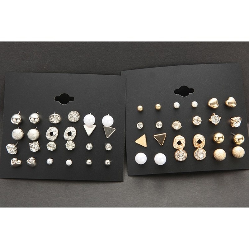 Set 12 đôi bông tai đính đá zircon hình vuông/trái tim