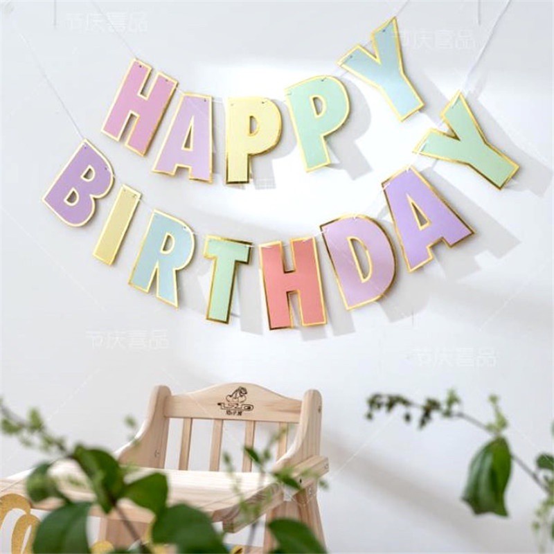 Dây cờ treo trang trí tiệc sinh nhật màu hồng / xanh dương / vàng / bạc phong cách Hàn Quốc độc đáo