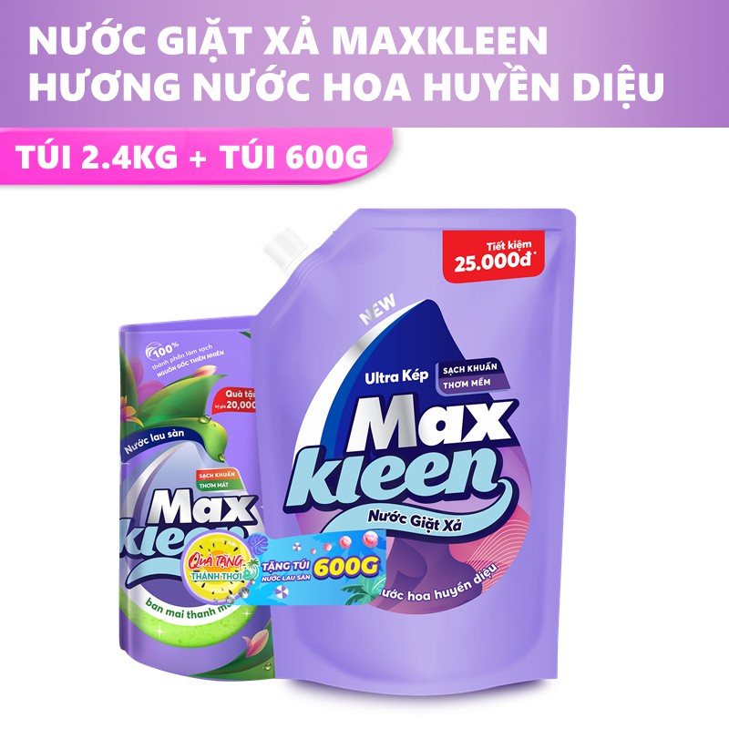 Combo Túi nước giặt xả MaxKleen 2.4kg/2.2kg + Túi nước lau sàn MaxKleen 600g ban mai thanh mát, vườn hoa thanh khiết