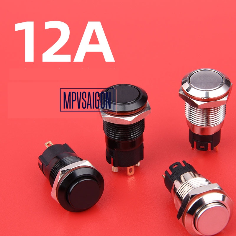 Công tắc nút nhấn kim loại 12mm vỏ màu đen 12V 24V chống nước chống gỉ sét