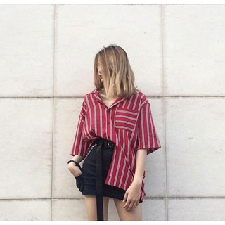 [SALE KHỦNG] Sơ mi Oversize Đỏ - Cổ Vest- Tay ngắn
