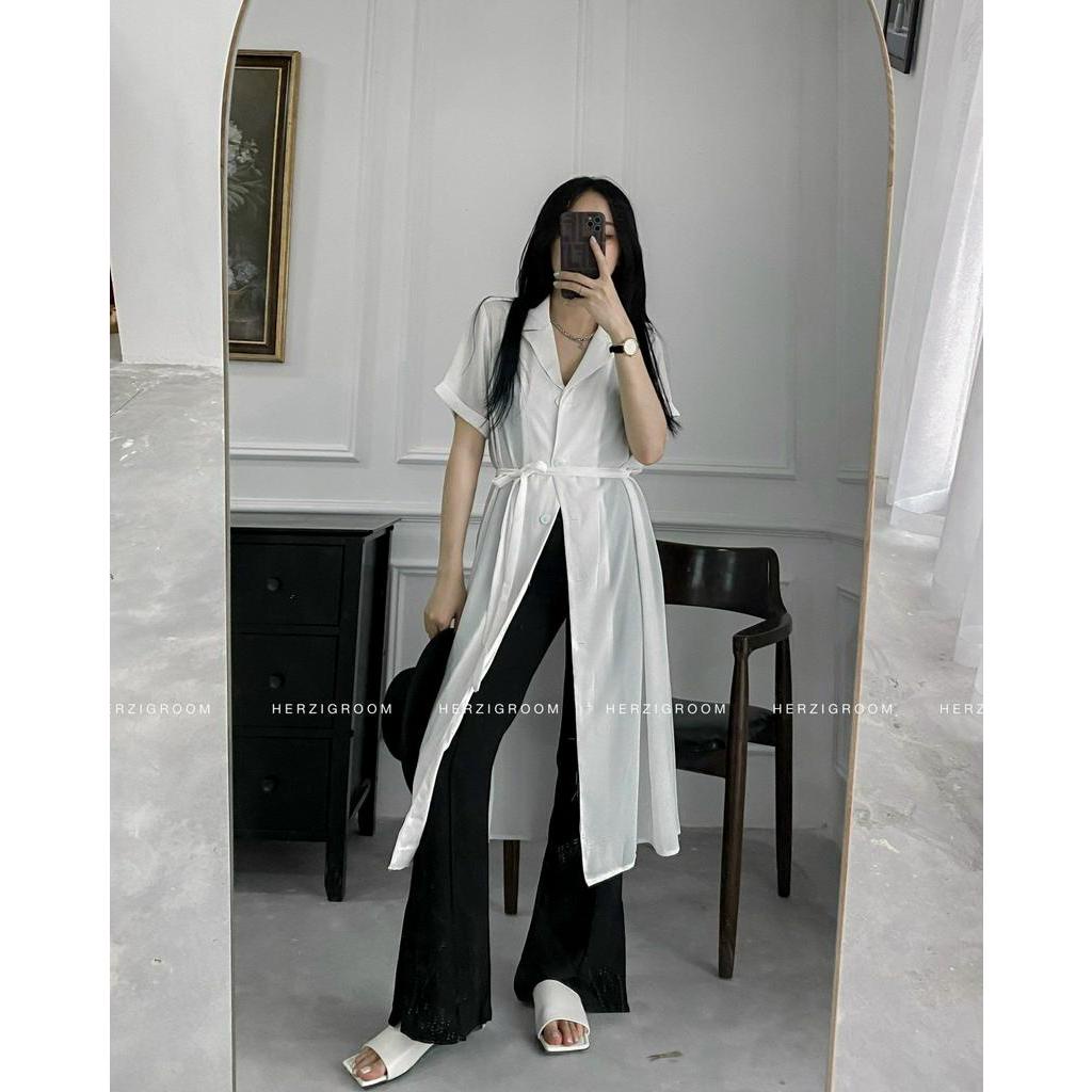 Váy sơ mi dáng dài cổ K thắt dây eo - B1800