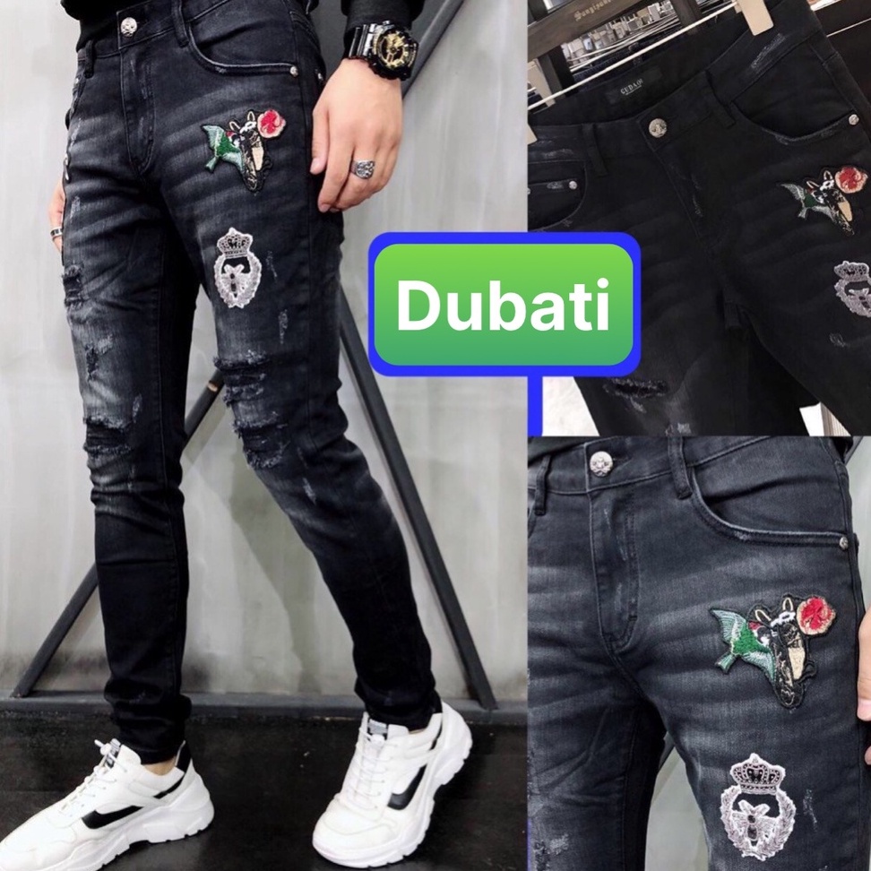 Quần Jeans Nam Chất Bò Đen, Quần Baggy Nam Đen Thêu Hình Mèo Hoa Wash Rách - DB 450- DUBATI FASHION