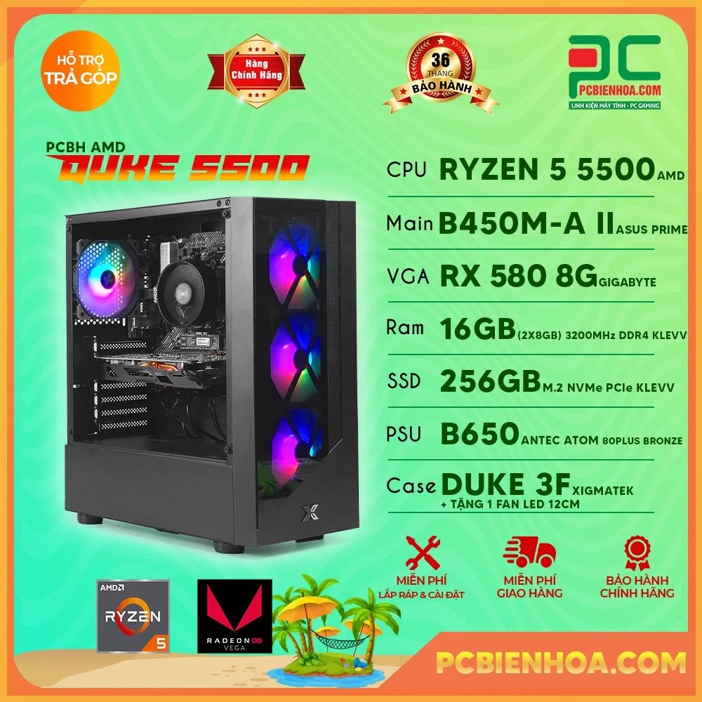 Bộ máy tính - PCBH AMD DUKE 5500 ( RYZEN 5 5500 / B450M / RX580 8G / 16GB / 256GB )- chính hãng
