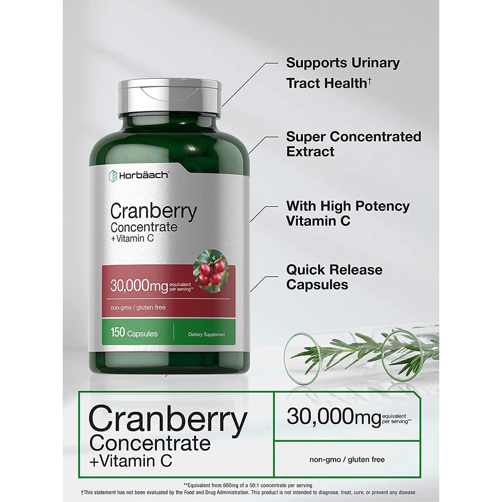 Horbaach Cranberry (30,000 mg) + Vitamin C hỗ trợ bàng quang và đường tiết niệu 150v