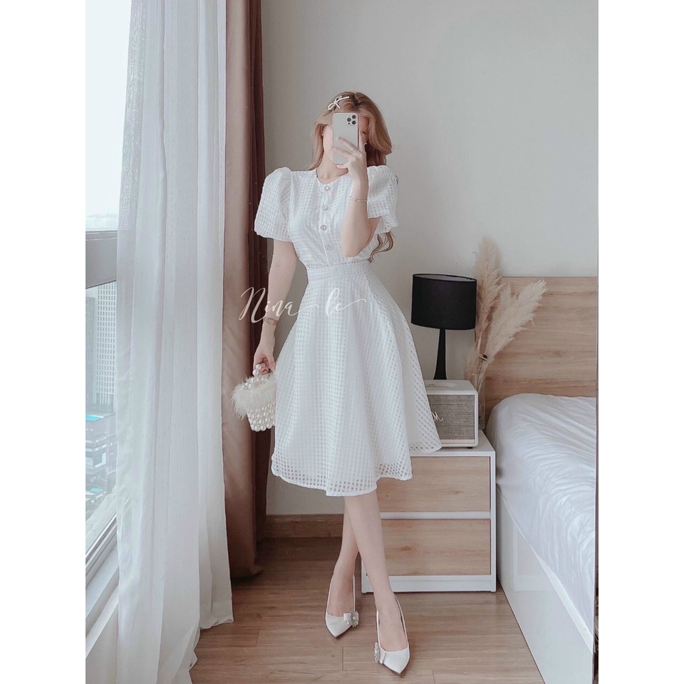 Set áo croptop tay bồng + chân váy midi dài lưới,set váy lưới cổ tròn phối nút, váy xòe sang chảnh